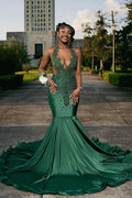 Amazing Long Dark Green Mermaid Sleeveless Beading Prom Dress With Lace by misshow.com