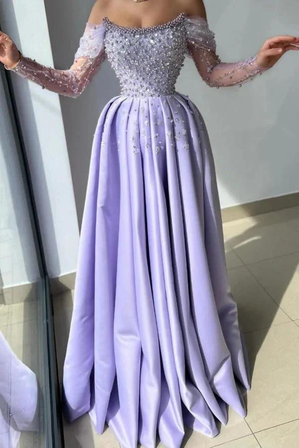 Amazing Long Lilac A-line Off-the-shoulder Rhinestones Satin Pearls Prom Dress by misshow.com