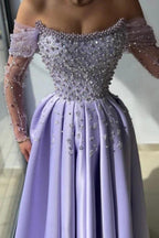 Amazing Long Lilac A-line Off-the-shoulder Rhinestones Satin Pearls Prom Dress by misshow.com