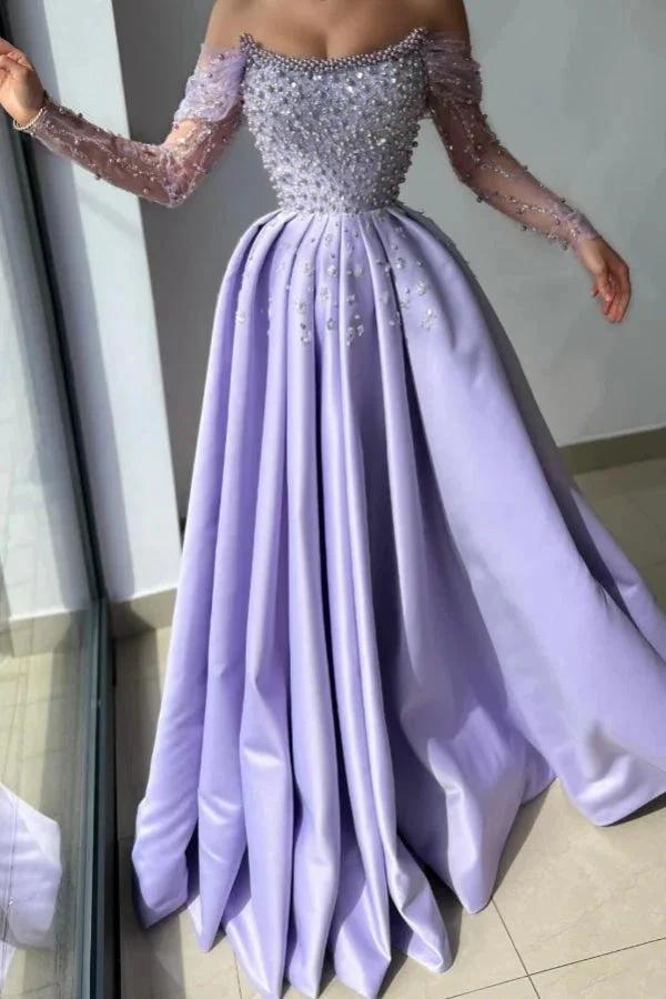Amazing Long Lilac A-line Off-the-shoulder Rhinestones Satin Pearls Prom Dress by misshow.com
