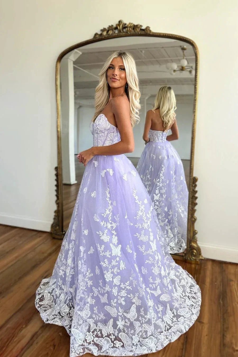 Amazing Long Lilac A-line Sweetheart Strapless Prom Dress With Lace by misshow.com