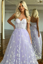 Amazing Long Lilac A-line Sweetheart Strapless Prom Dress With Lace by misshow.com
