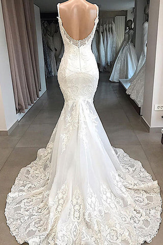 Erstaunliches langes rückenfreies Brautkleid aus Tüll im Meerjungfrau-Stil mit Applikationen