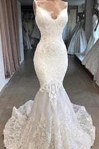 Amazing Long Mermaid Appliques Tulle Backless Wedding Dress by BIZTUNNEL