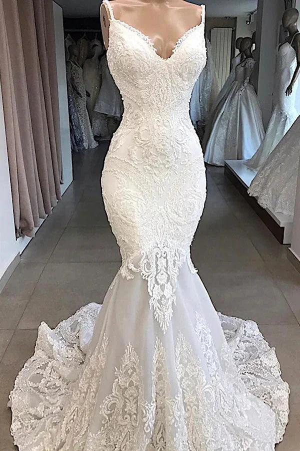Amazing Long Mermaid Appliques Tulle Backless Wedding Dress by BIZTUNNEL