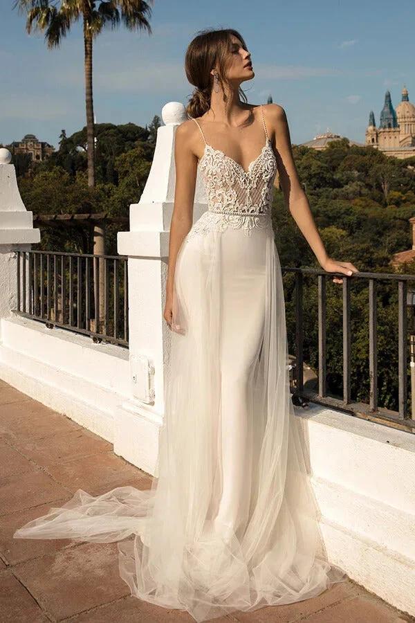Amazing Long Mermaid Chapel Train Tulle Open Back Wedding Dress by BIZTUNNEL