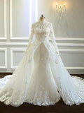 Amazing Long Mermaid High Neck Tulle Lace Wedding Dresses with Sleeves by BIZTUNNEL