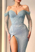 Amazing Long Mermaid Off-the-shoulder Split Lace Sequined Prom Dress With Long Sleeves by misshow.com