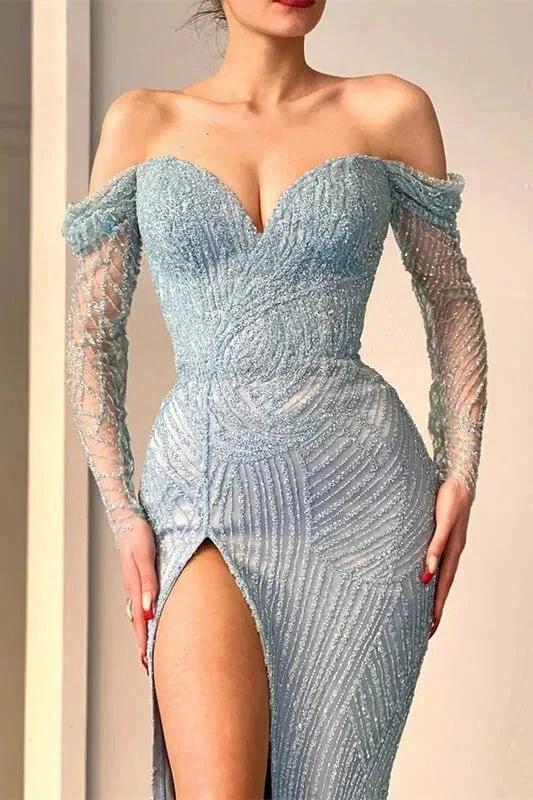 Amazing Long Mermaid Off-the-shoulder Split Lace Sequined Prom Dress With Long Sleeves by misshow.com