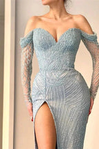 Amazing Long Mermaid Off-the-shoulder Split Lace Sequined Prom Dress With Long Sleeves by misshow.com