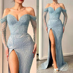 Amazing Long Mermaid Off-the-shoulder Split Lace Sequined Prom Dress With Long Sleeves by misshow.com