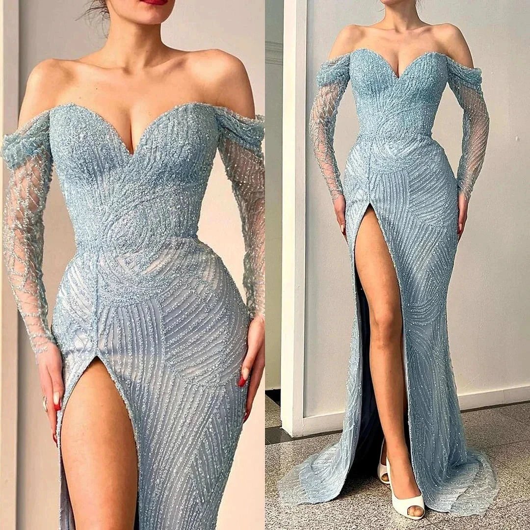 Amazing Long Mermaid Off-the-shoulder Split Lace Sequined Prom Dress With Long Sleeves by misshow.com