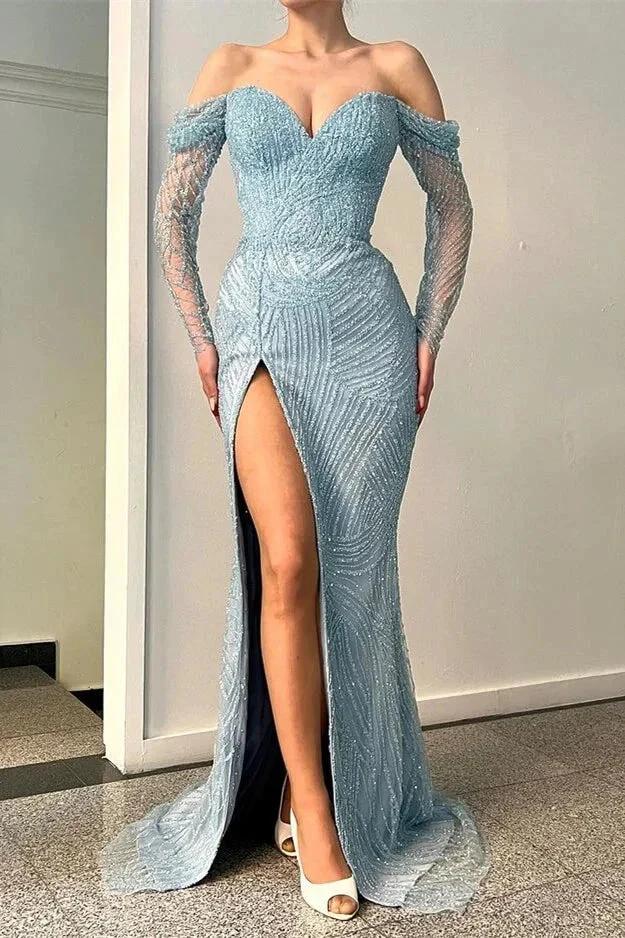 Amazing Long Mermaid Off-the-shoulder Split Lace Sequined Prom Dress With Long Sleeves by misshow.com