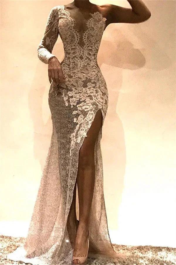 Amazing Long Mermaid One Shoulder Lace Prom Dress with Slit by BIZTUNNEL