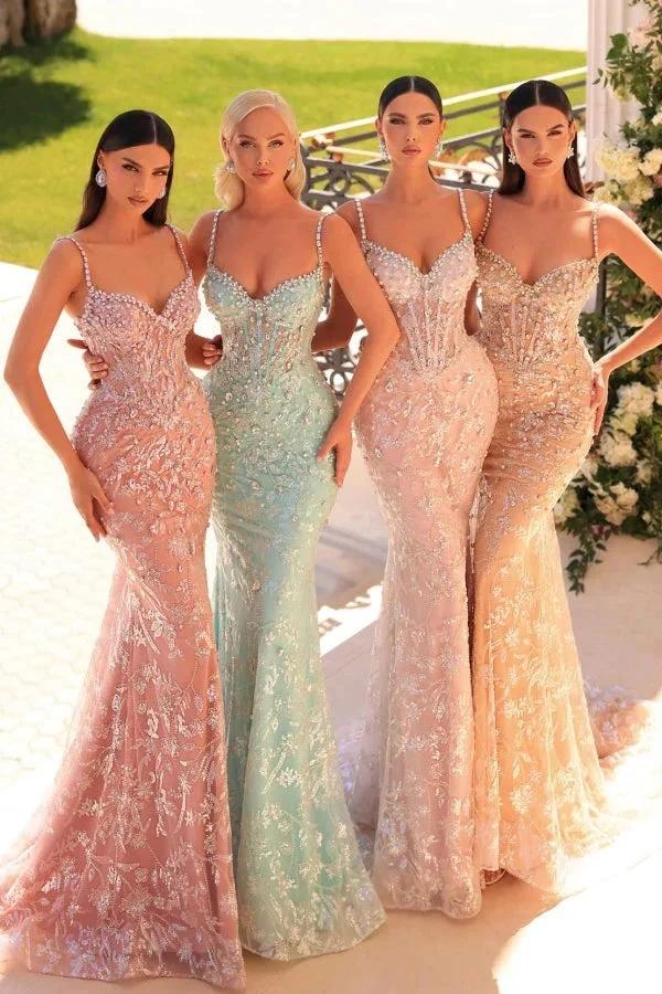 Amazing Long Mermaid Spaghetti Straps Lace Beading Sleeveless Prom Dress by misshow.com