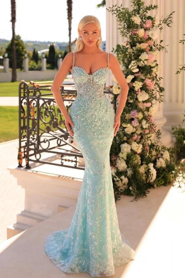 Amazing Long Mermaid Spaghetti Straps Lace Beading Sleeveless Prom Dress by misshow.com