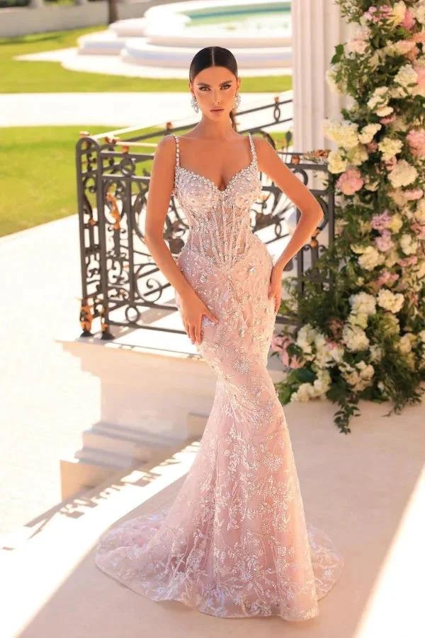 Amazing Long Mermaid Spaghetti Straps Lace Beading Sleeveless Prom Dress by misshow.com