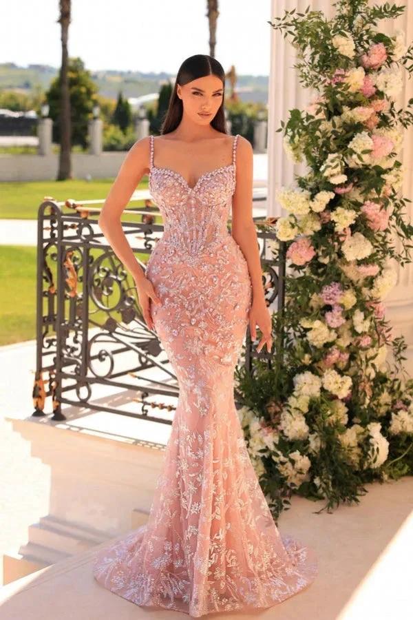 Amazing Long Mermaid Spaghetti Straps Lace Beading Sleeveless Prom Dress by misshow.com