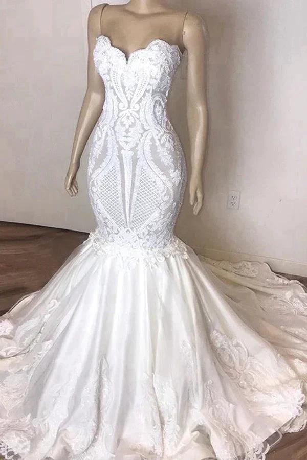 Amazing Long Mermaid Strapless Appliques Lace Wedding Dress by BIZTUNNEL