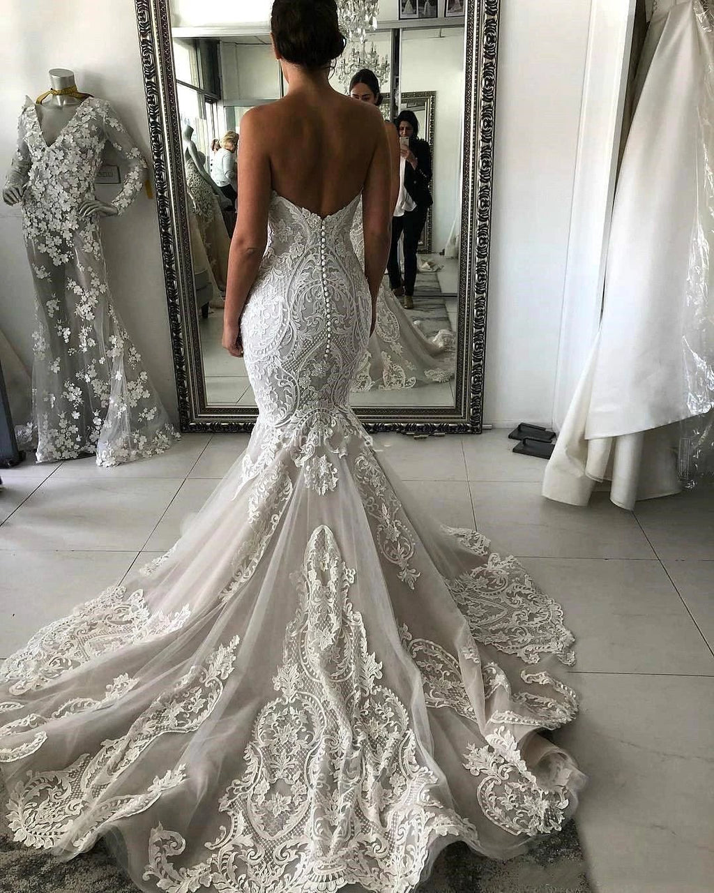 Amazing Long Mermaid Sweetheart Appliques Lace Wedding Dress by BIZTUNNEL