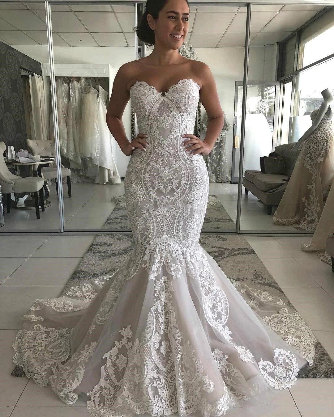 Amazing Long Mermaid Sweetheart Appliques Lace Wedding Dress by BIZTUNNEL