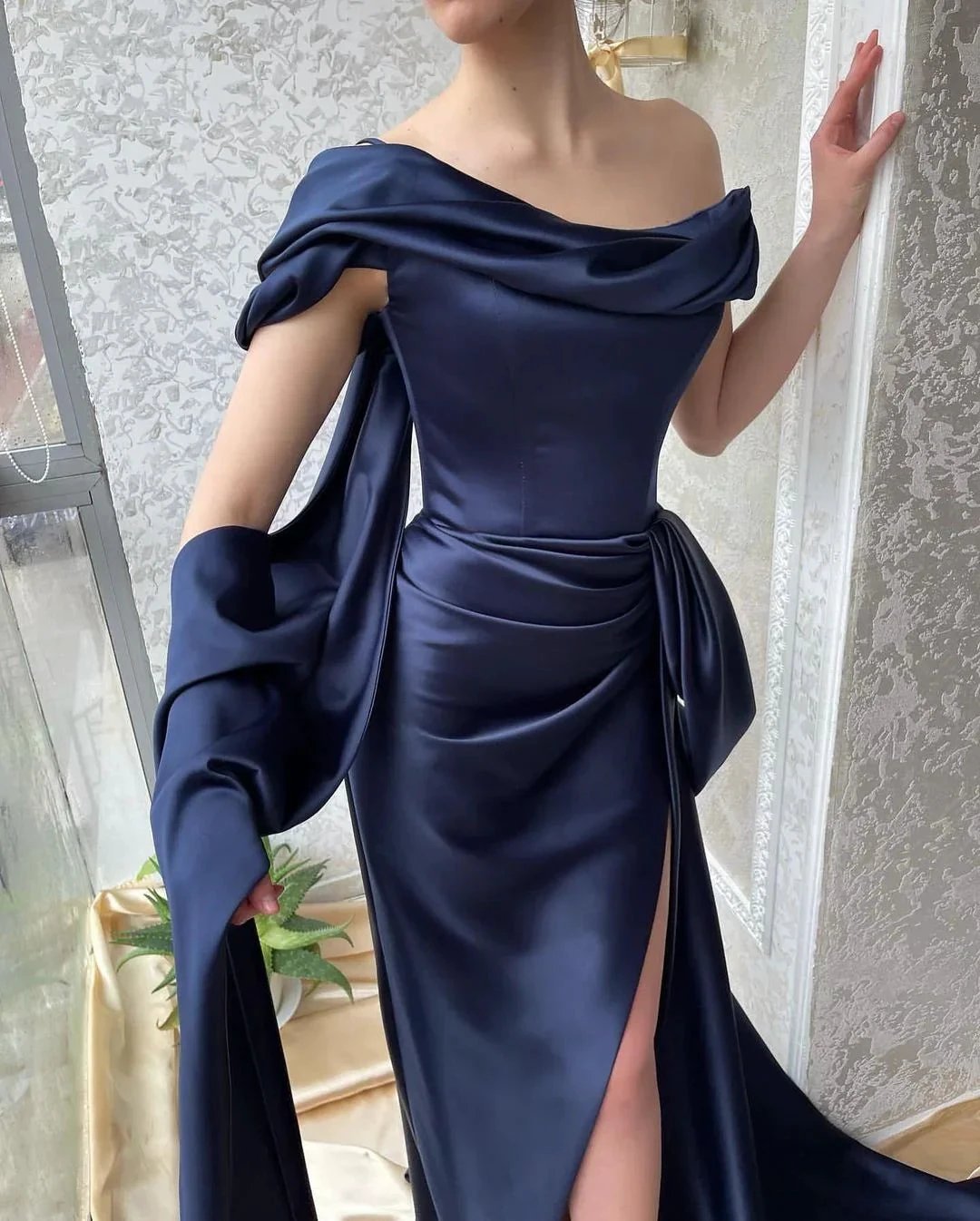 Amazing Long Navy Off-the-shoulder Mermaid Prom Dress With Slit by misshow.com