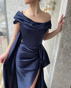 Amazing Long Navy Off-the-shoulder Mermaid Prom Dress With Slit by misshow.com