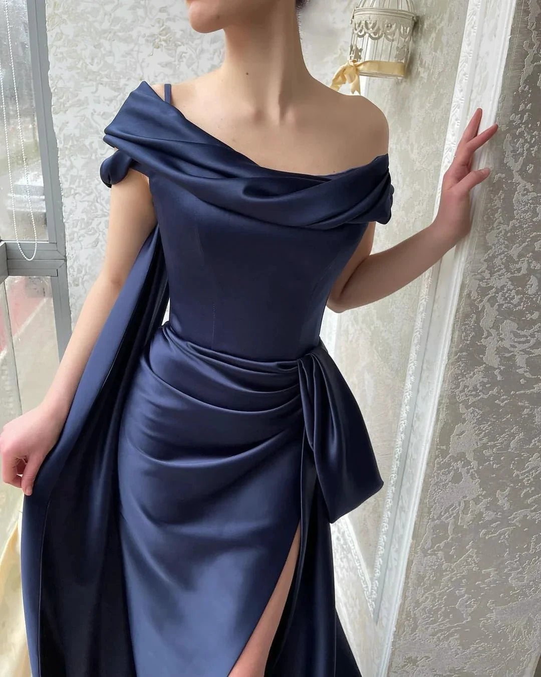 Amazing Long Navy Off-the-shoulder Mermaid Prom Dress With Slit by misshow.com