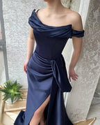 Amazing Long Navy Off-the-shoulder Mermaid Prom Dress With Slit by misshow.com