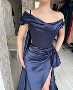 Amazing Long Navy Off-the-shoulder Mermaid Prom Dress With Slit by misshow.com