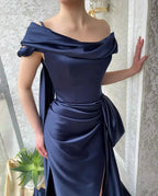 Amazing Long Navy Off-the-shoulder Mermaid Prom Dress With Slit by misshow.com
