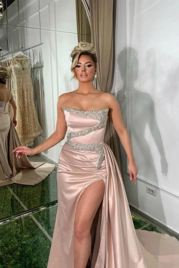 Amazing Long Pink A-line Strapless Sequined Beading Prom Dress with Slit by misshow.com