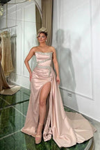 Amazing Long Pink A-line Strapless Sequined Beading Prom Dress with Slit by misshow.com