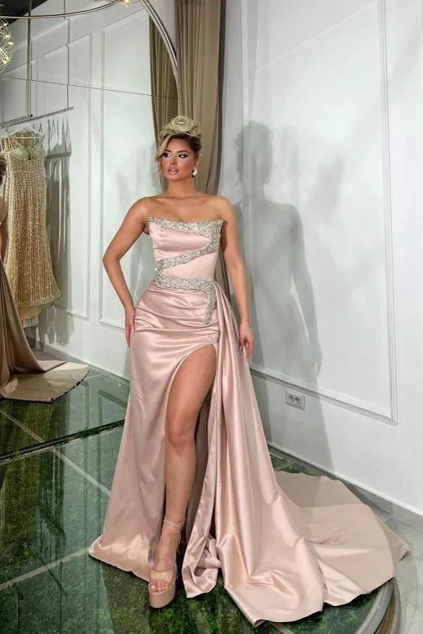Amazing Long Pink A-line Strapless Sequined Beading Prom Dress with Slit by misshow.com