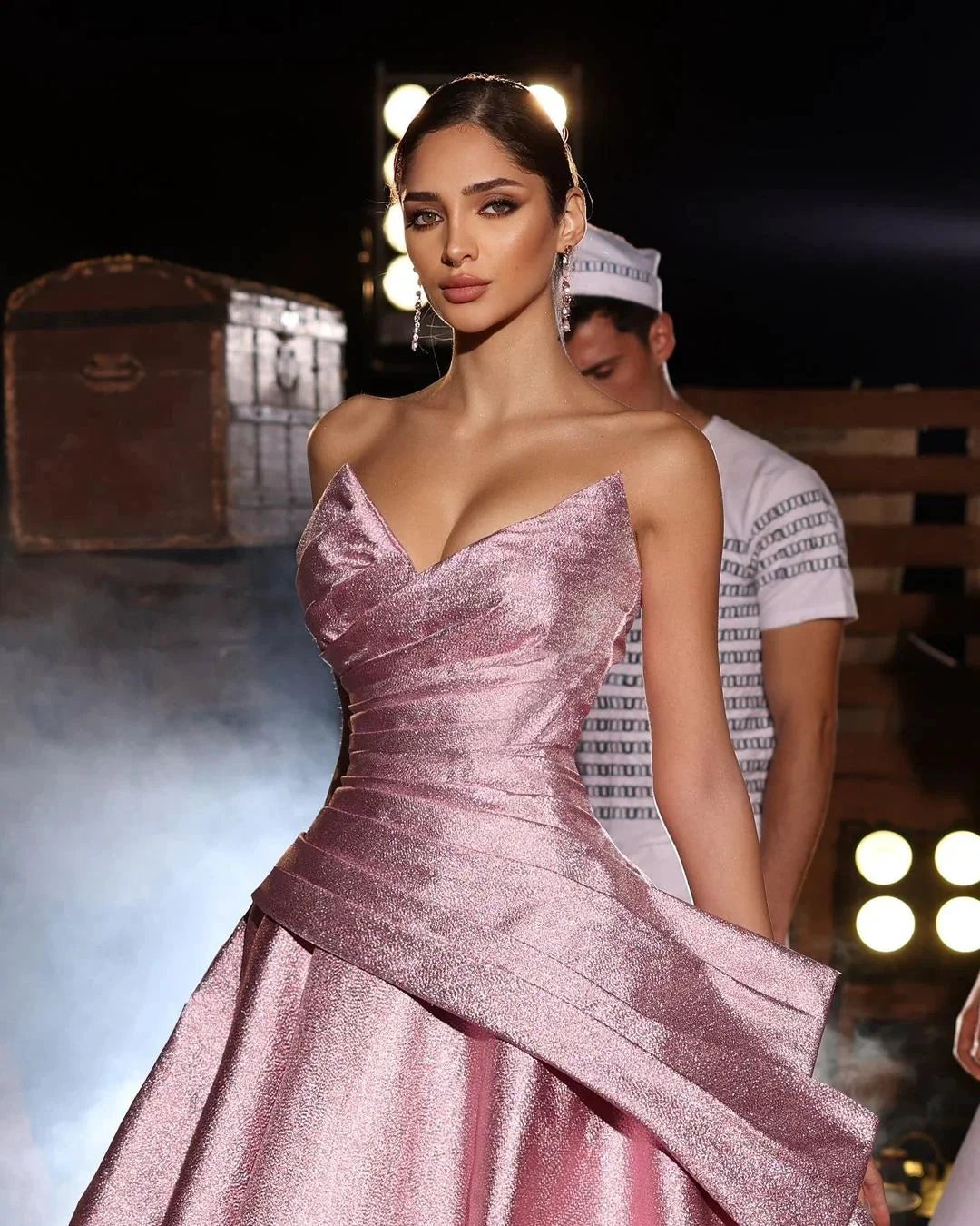 Amazing Long Pink A-line V-neck Sleeveless Glitter Prom Dress by misshow.com