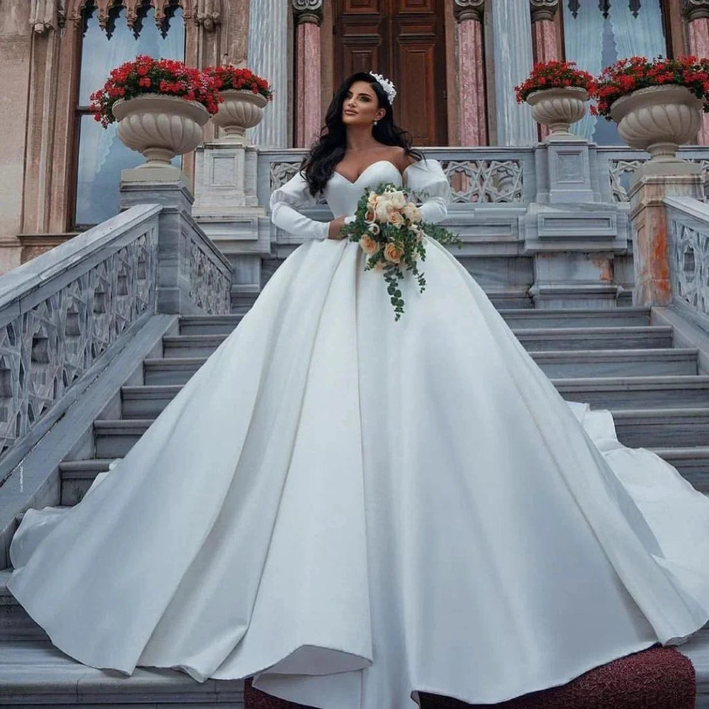 Amazing Long Princess Satin Sweetheart Wedding Dresses with Sleeves by BIZTUNNEL