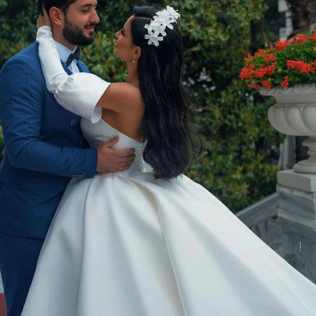 Amazing Long Princess Satin Sweetheart Wedding Dresses with Sleeves by BIZTUNNEL