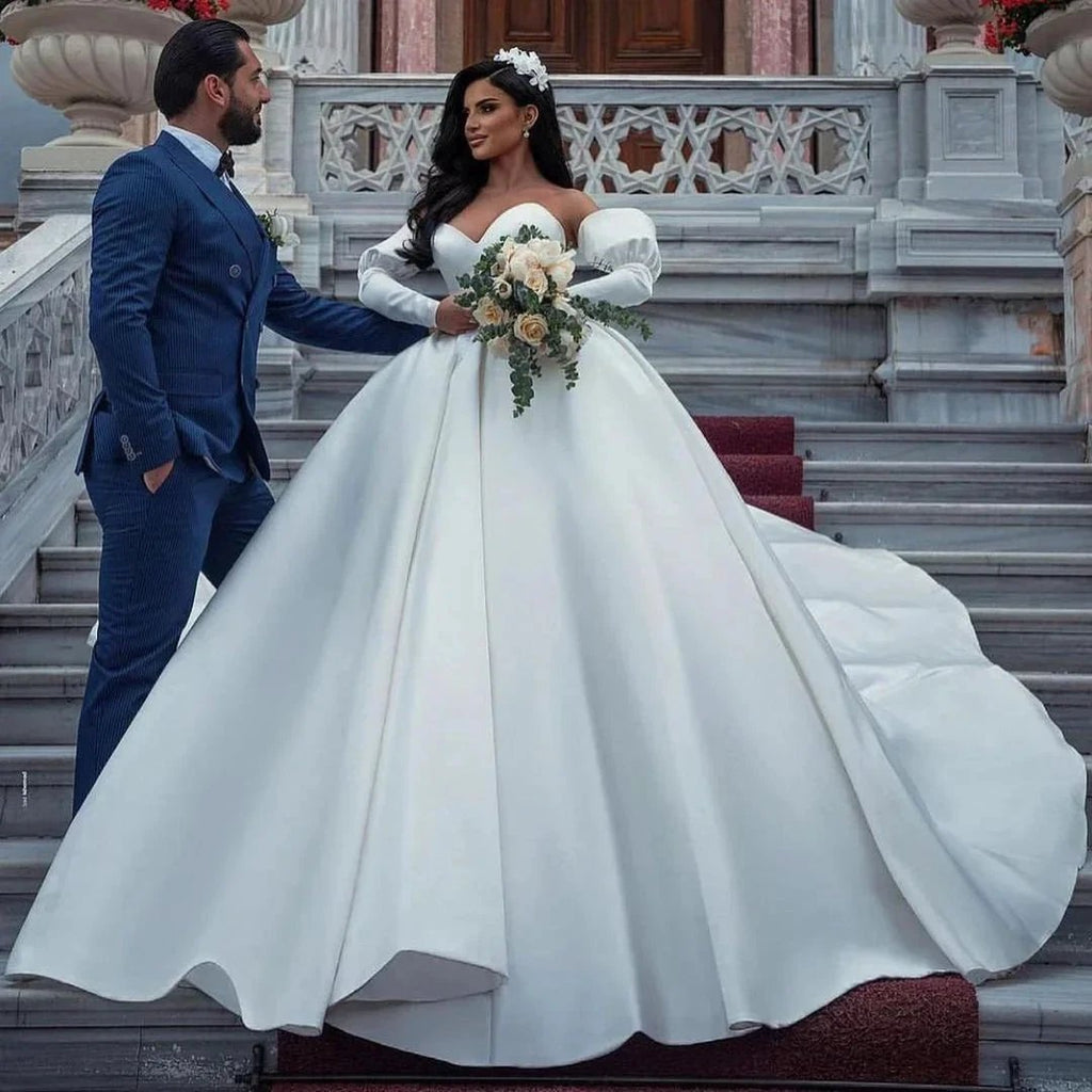 Amazing Long Princess Satin Sweetheart Wedding Dresses with Sleeves by BIZTUNNEL