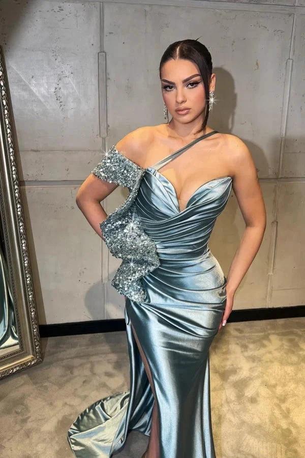 Amazing Long Red One Shoulder Sequined Mermaid Prom Dress with Slit by misshow.com