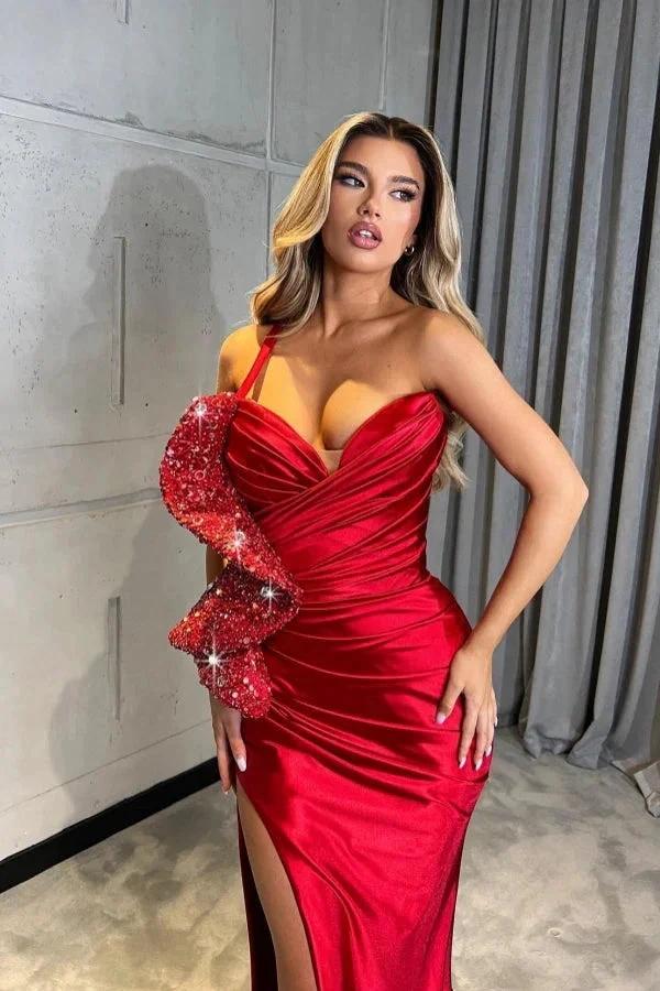 Amazing Long Red One Shoulder Sequined Mermaid Prom Dress with Slit by misshow.com