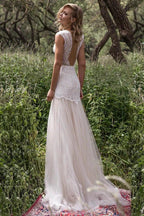 Amazing Long Sheath V-neck Lace Tulle Backless Wedding Dress by BIZTUNNEL