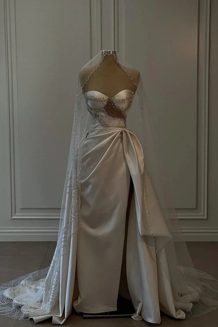 Amazing Long White Beading Sleeveless Satin Wedding Dress With Slit by misshow.com