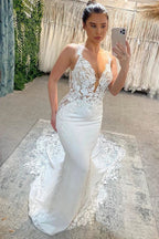 Amazing Long White V-neck Spaghetti Straps Mermaid Sleeveless Wedding Dress With Lace by misshow.com