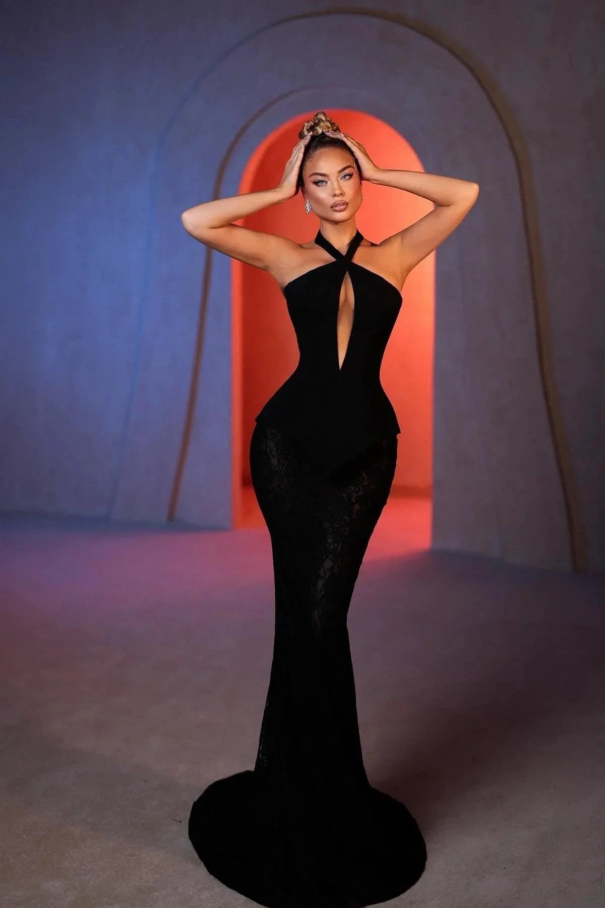 Amazing Mermaid Halter Sleeveless Lace Black Prom Dresses by misshow.com