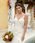 Amazing Mermaid Lace Spaghetti Straps Sleeveless White Long Wedding Dress With Ruffles by misshow.com