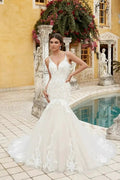 Amazing Mermaid Lace Spaghetti Straps Sleeveless White Long Wedding Dress With Ruffles by misshow.com