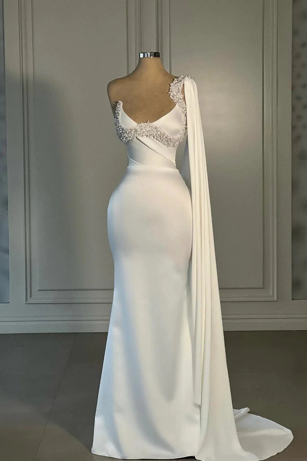 Amazing Mermaid Satin One Shoulder Sleeveless White Wedding Dress With Rhinestone by misshow.com