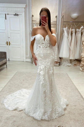 Erstaunliches schulterfreies Meerjungfrau-Brautkleid mit Applikationen und Spitze