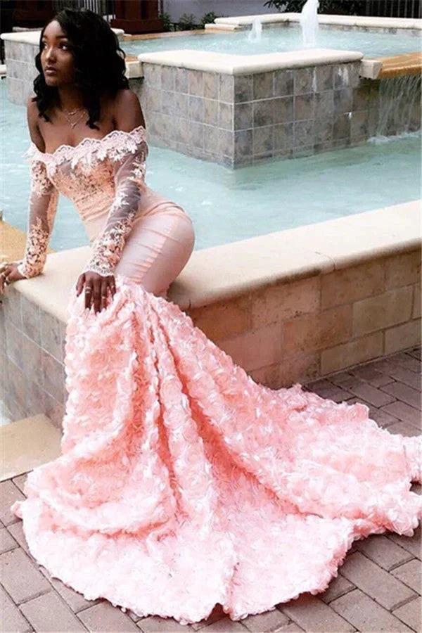 Amazing Pink Off-the-shoulder Appliques Mermaid Long Prom Dress by BIZTUNNEL