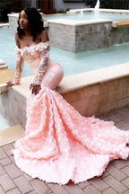 Amazing Pink Off-the-shoulder Appliques Mermaid Long Prom Dress by BIZTUNNEL